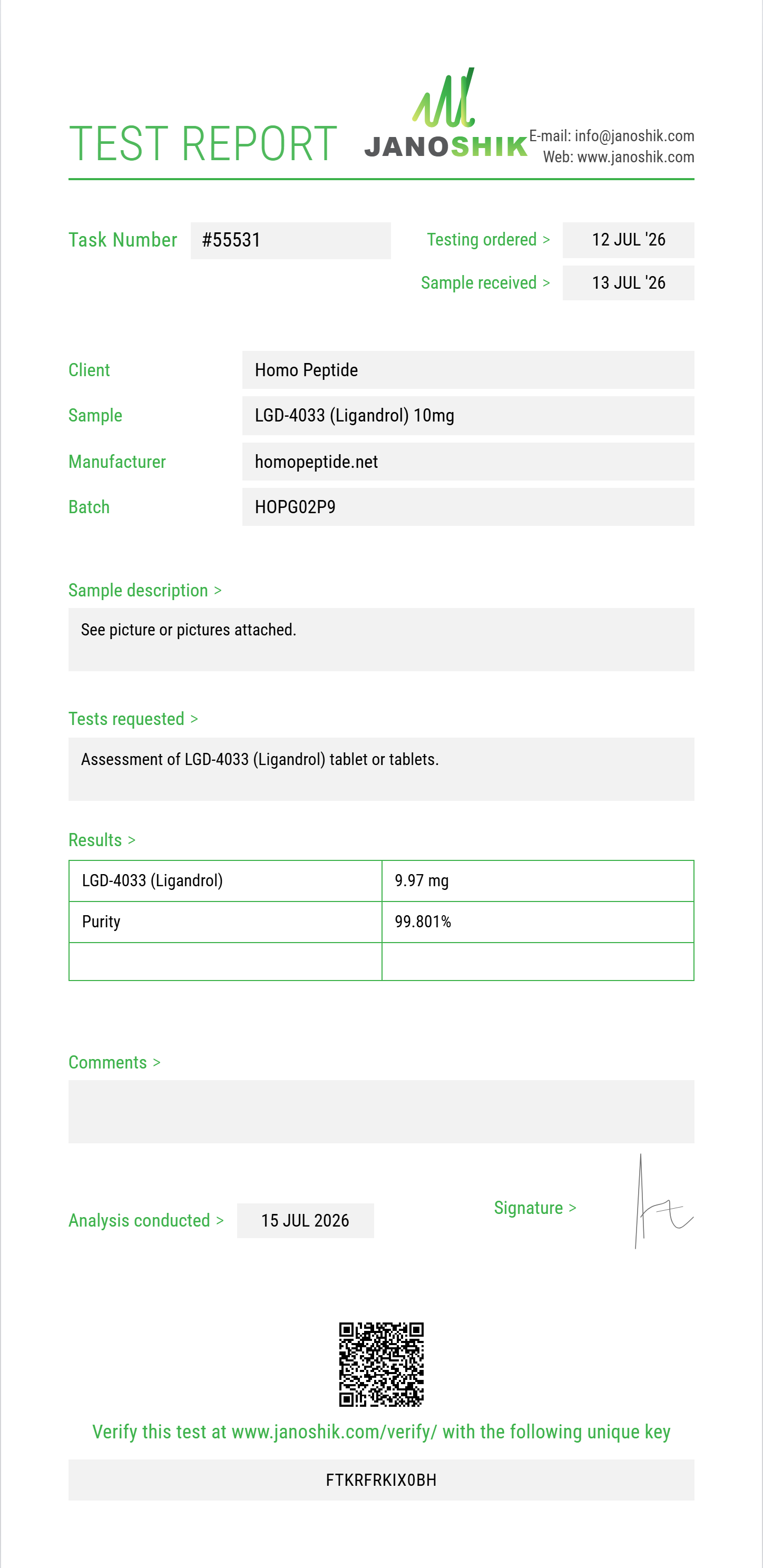 LGD-4033 (Ligandrol) Purity (HPLC) report by Janoshik Analytical