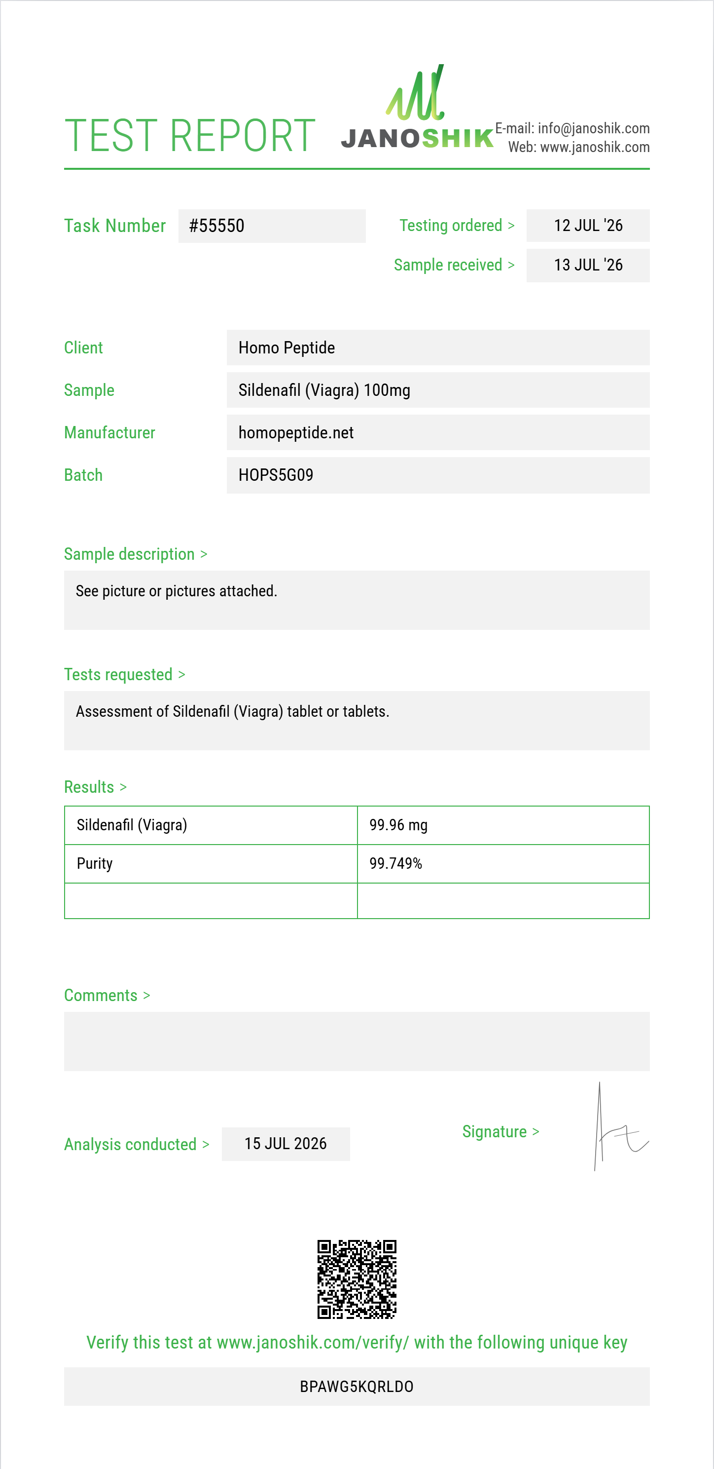 Sildenafil (Viagra) Purity (HPLC) report by Janoshik Analytical