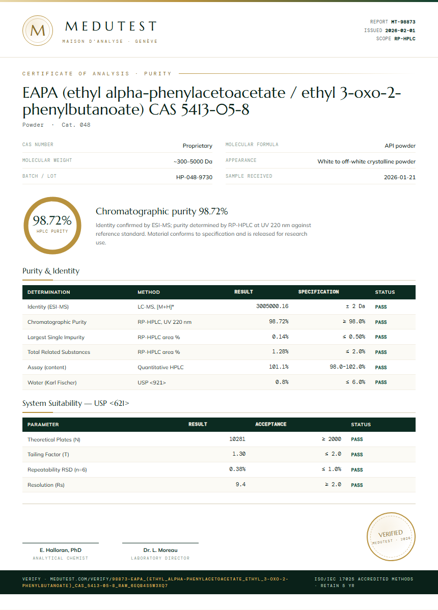 EAPA (ethyl alpha-phenylacetoacetate / ethyl 3-oxo-2-phenylbutanoate) CAS 5413-05-8 Purity Test Report by Medu Laboratories