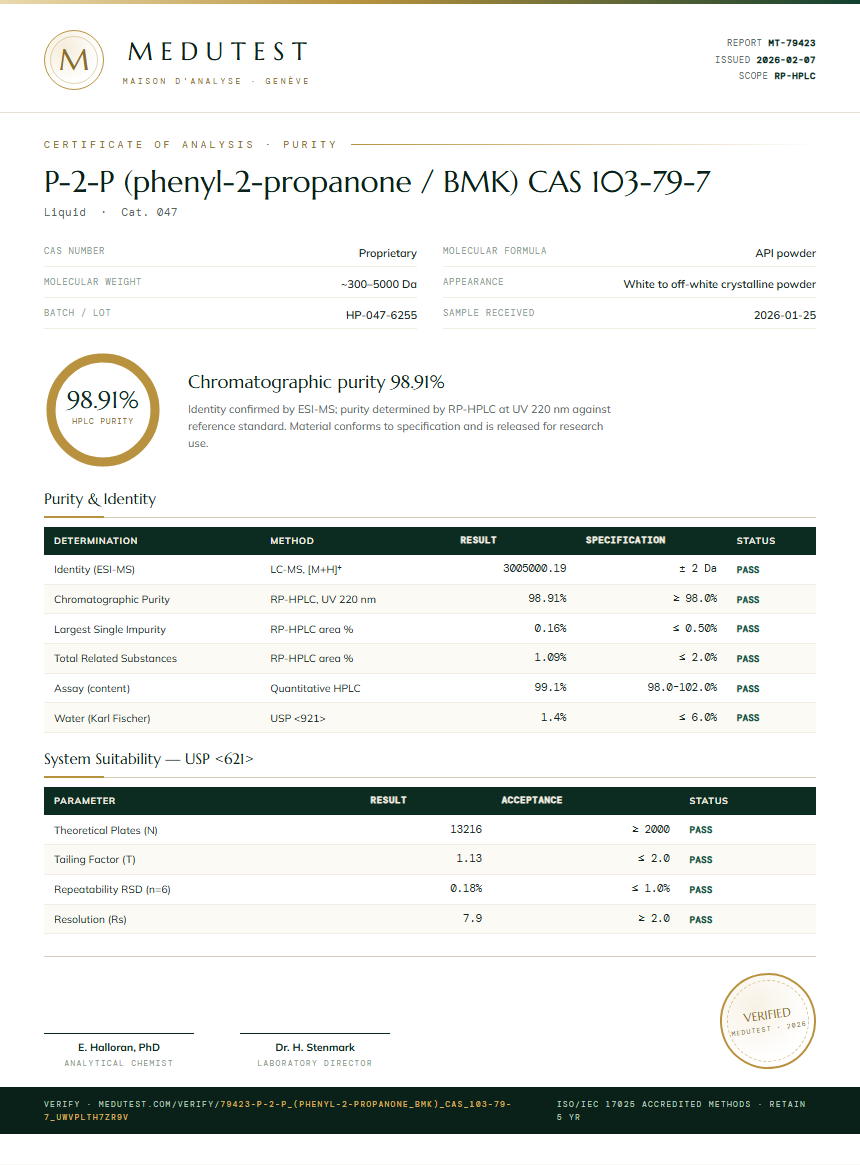 P-2-P (phenyl-2-propanone / BMK) CAS 103-79-7 Purity Test Report by Medu Laboratories