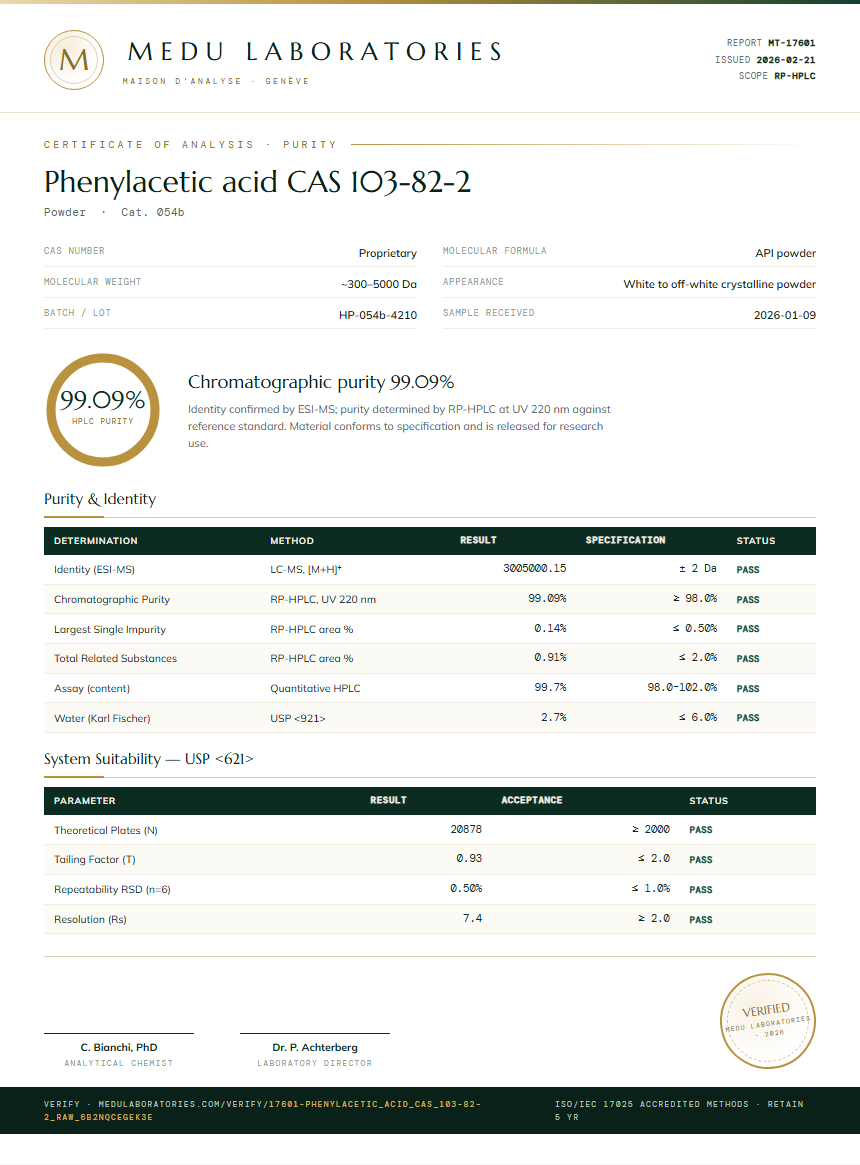 Phenylacetic acid CAS 103-82-2 Purity Test Report by Medu Laboratories