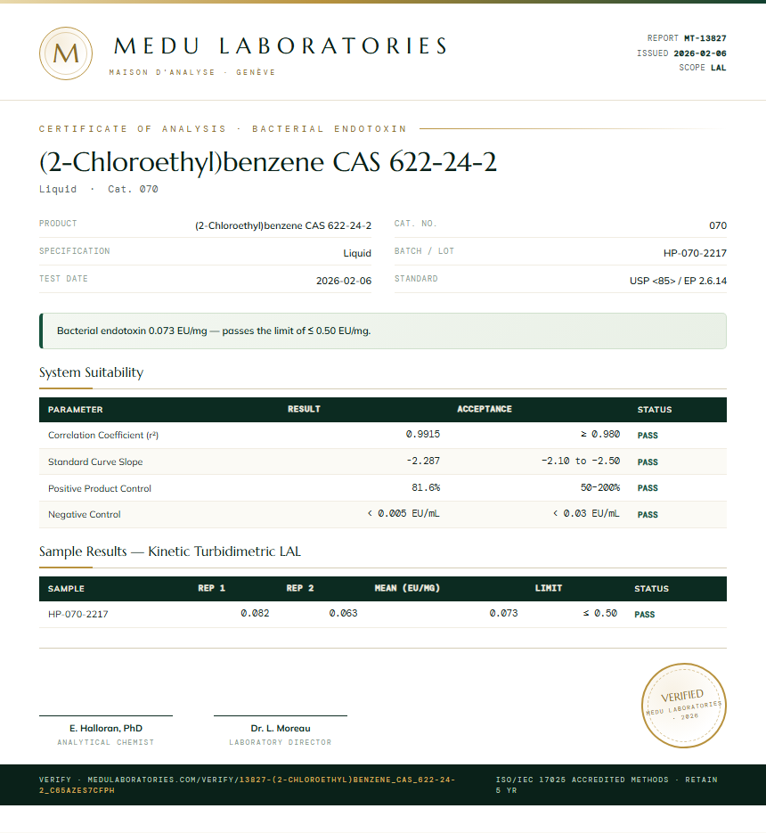 (2-Chloroethyl)benzene CAS 622-24-2 Endotoxin report by Medu Laboratories