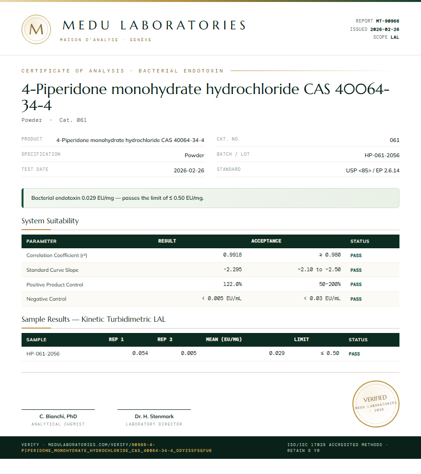 4-Piperidone monohydrate hydrochloride CAS 40064-34-4 Endotoxin report by Medu Laboratories