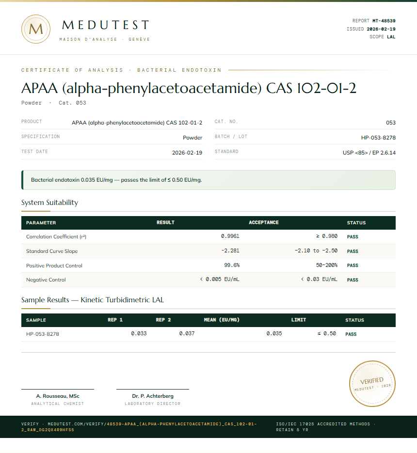 APAA (alpha-phenylacetoacetamide) CAS 102-01-2 Endotoxin report by Medu Laboratories