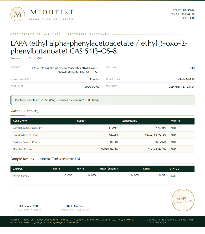EAPA (ethyl alpha-phenylacetoacetate / ethyl 3-oxo-2-phenylbutanoate) CAS 5413-05-8 Endotoxin report by Medu Laboratories