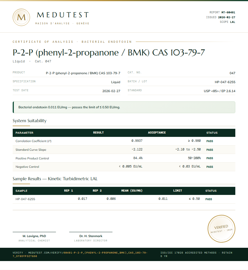 P-2-P (phenyl-2-propanone / BMK) CAS 103-79-7 Endotoxin report by Medu Laboratories