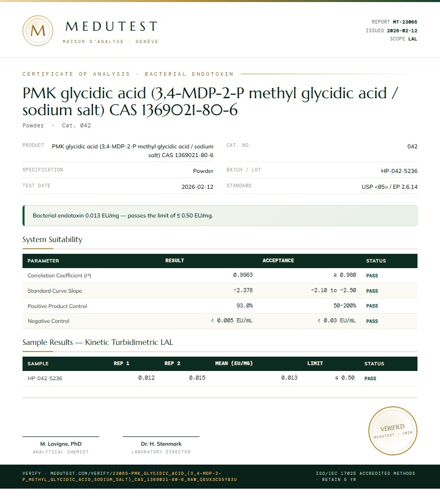 PMK glycidic acid (3,4-MDP-2-P methyl glycidic acid / sodium salt) CAS 1369021-80-6 Endotoxin report by Medu Laboratories