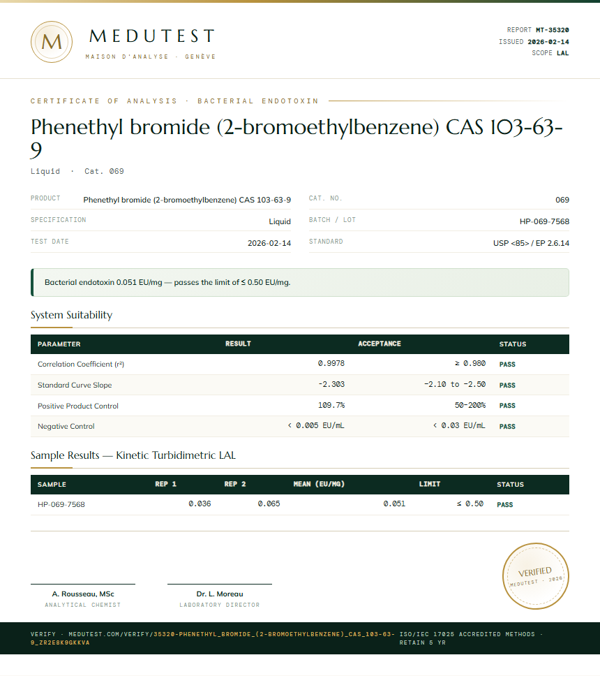 Phenethyl bromide (2-bromoethylbenzene) CAS 103-63-9 Endotoxin report by Medu Laboratories