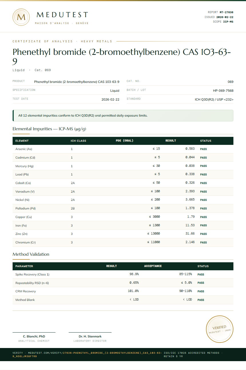 Phenethyl bromide (2-bromoethylbenzene) CAS 103-63-9 Heavy Metals report by Medu Laboratories