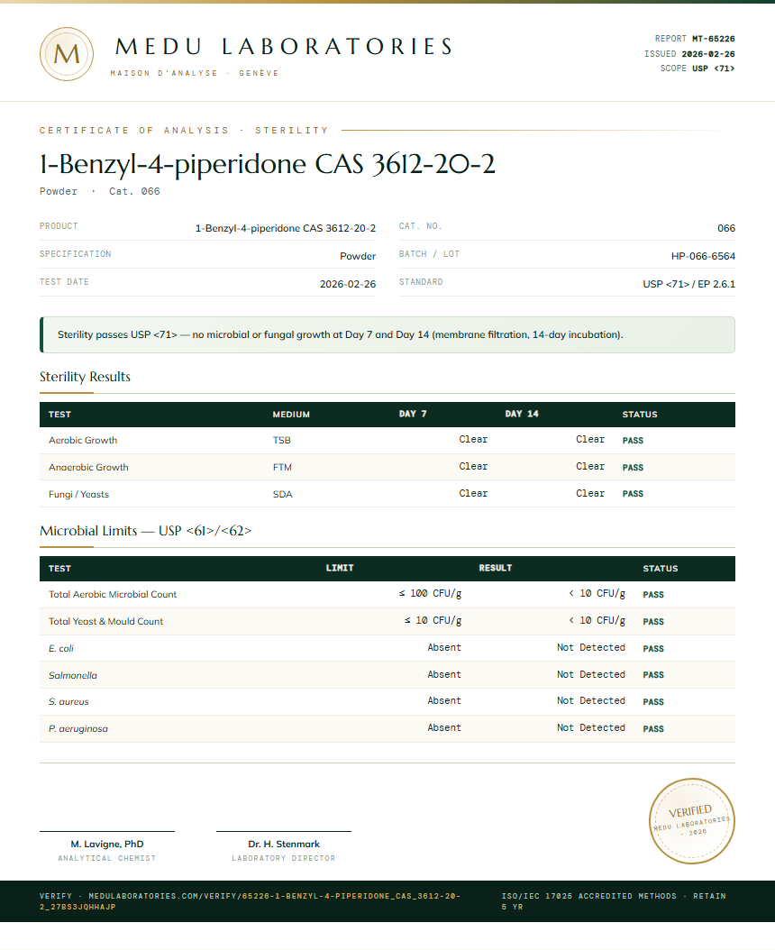 1-Benzyl-4-piperidone CAS 3612-20-2 Sterility report by Medu Laboratories