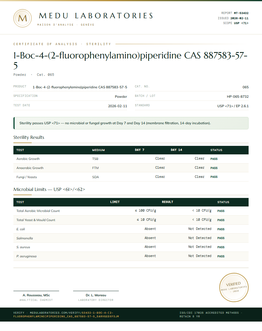 1-Boc-4-(2-fluorophenylamino)piperidine CAS 887583-57-5 Sterility report by Medu Laboratories