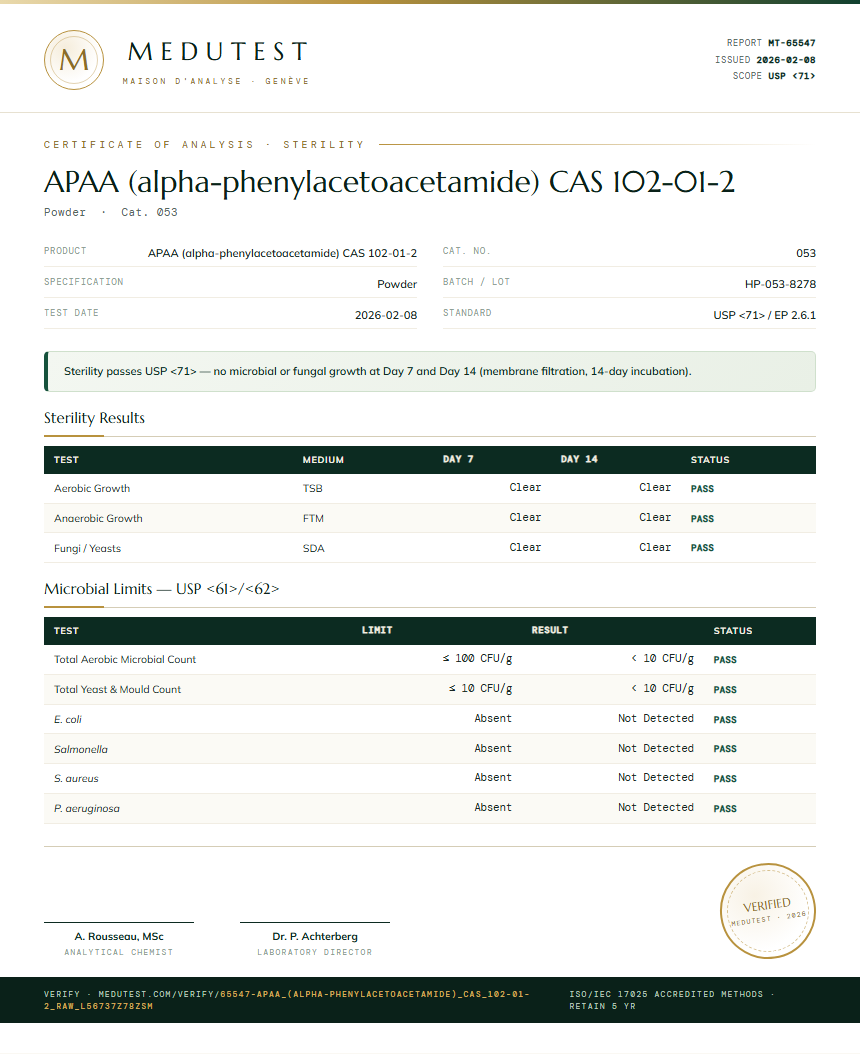APAA (alpha-phenylacetoacetamide) CAS 102-01-2 Sterility report by Medu Laboratories