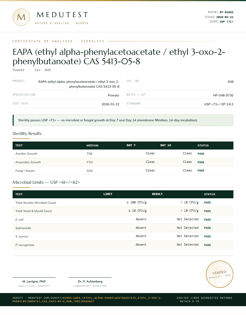 EAPA (ethyl alpha-phenylacetoacetate / ethyl 3-oxo-2-phenylbutanoate) CAS 5413-05-8 Sterility report by Medu Laboratories