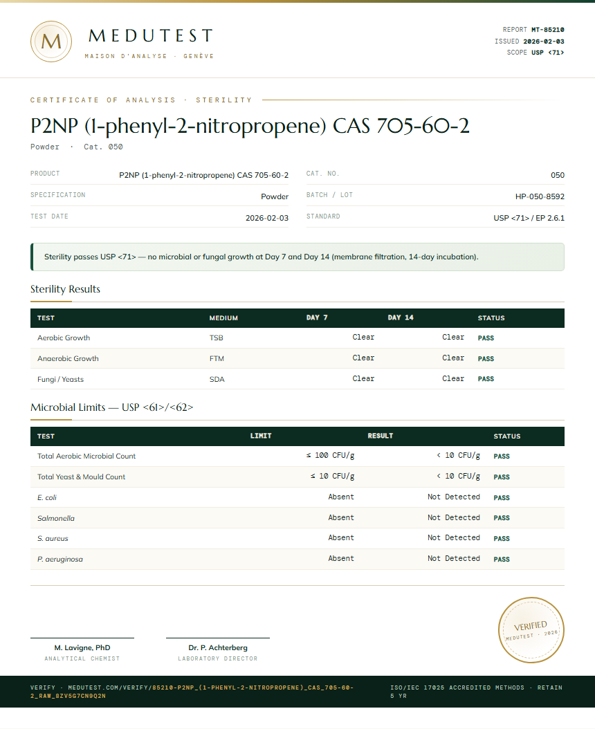 P2NP (1-phenyl-2-nitropropene) CAS 705-60-2 Sterility report by Medu Laboratories