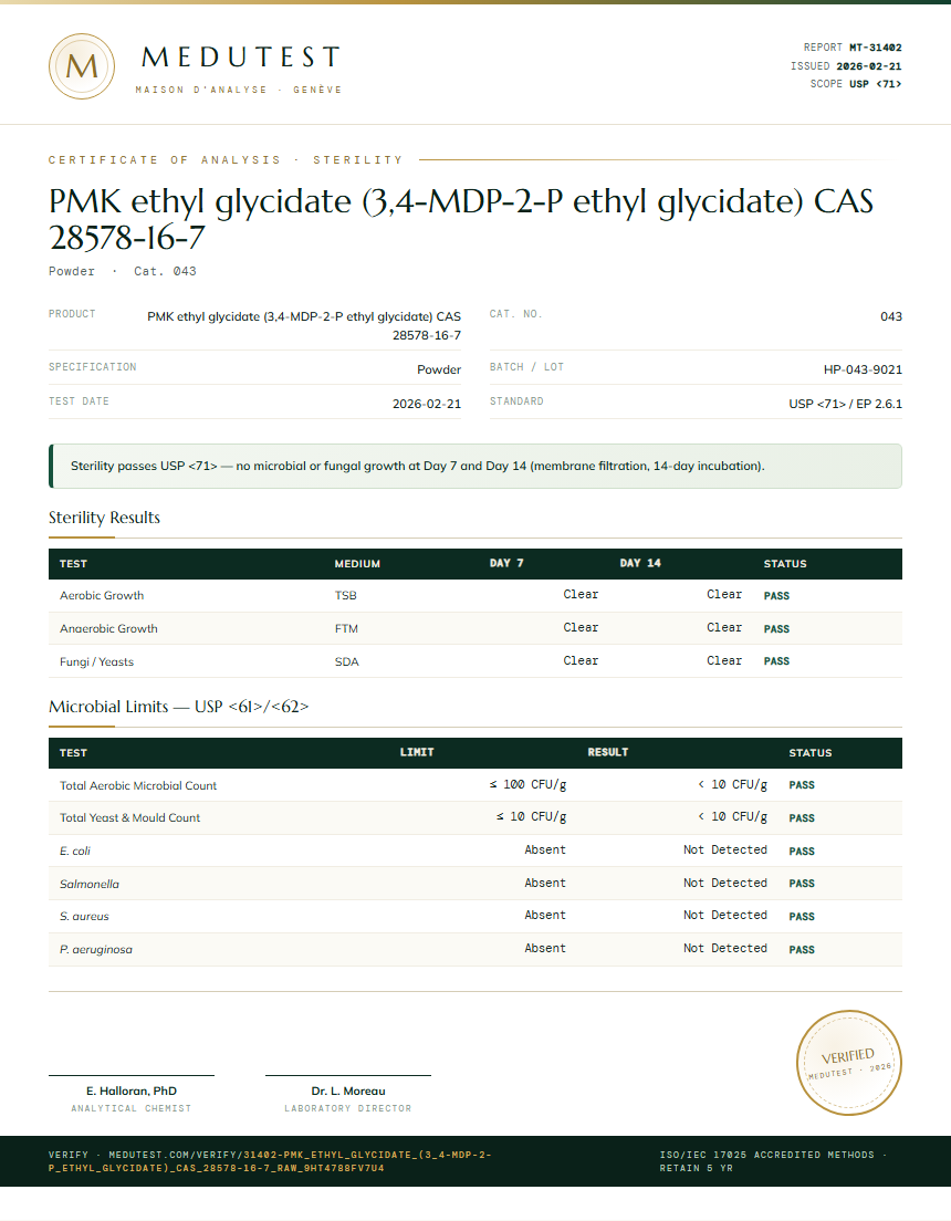PMK ethyl glycidate (3,4-MDP-2-P ethyl glycidate) CAS 28578-16-7 Sterility report by Medu Laboratories