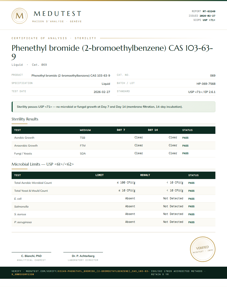 Phenethyl bromide (2-bromoethylbenzene) CAS 103-63-9 Sterility report by Medu Laboratories