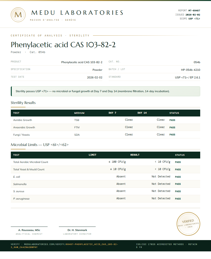 Phenylacetic acid CAS 103-82-2 Sterility report by Medu Laboratories