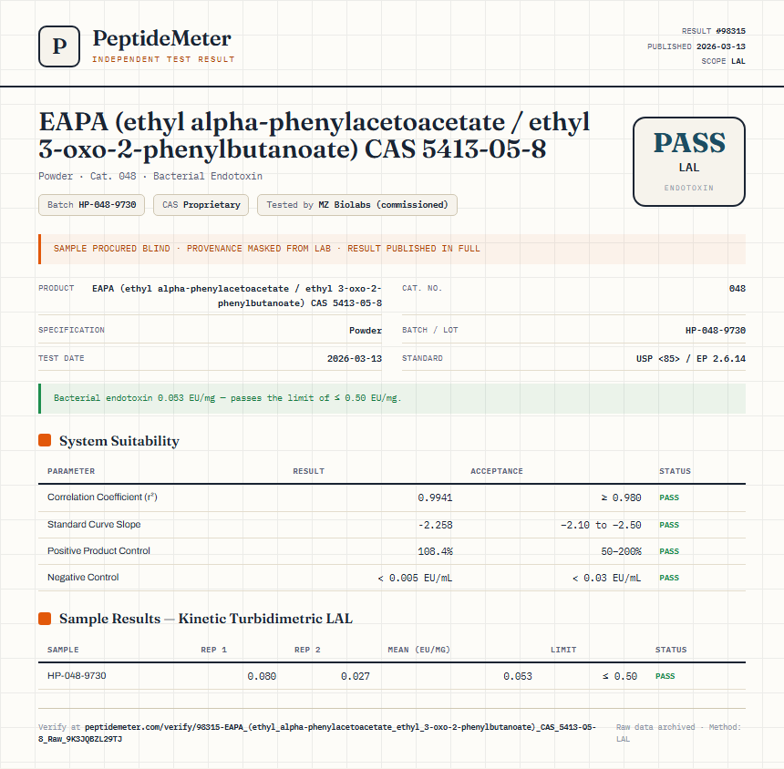 EAPA (ethyl alpha-phenylacetoacetate / ethyl 3-oxo-2-phenylbutanoate) CAS 5413-05-8 Endotoxin report by PeptideDetective