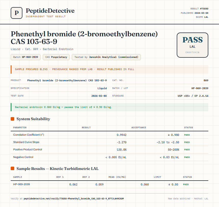 Phenethyl bromide (2-bromoethylbenzene) CAS 103-63-9 Endotoxin report by PeptideDetective