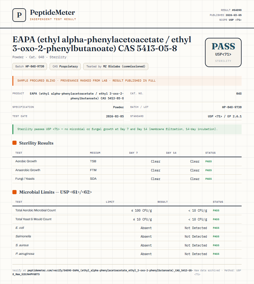 EAPA (ethyl alpha-phenylacetoacetate / ethyl 3-oxo-2-phenylbutanoate) CAS 5413-05-8 Sterility report by PeptideDetective