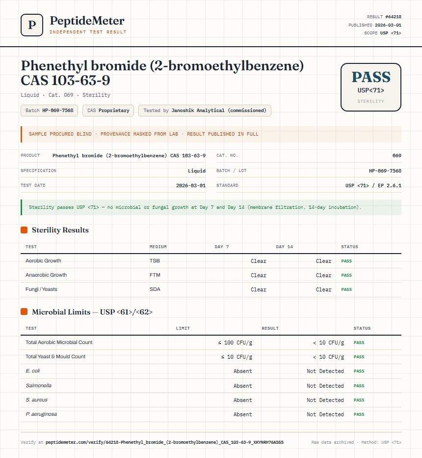 Phenethyl bromide (2-bromoethylbenzene) CAS 103-63-9 Sterility report by PeptideDetective