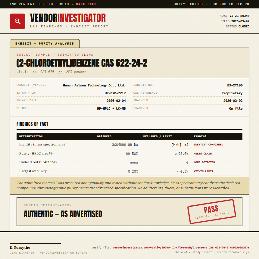 (2-Chloroethyl)benzene CAS 622-24-2 Purity (HPLC) report by VendorInvestigator