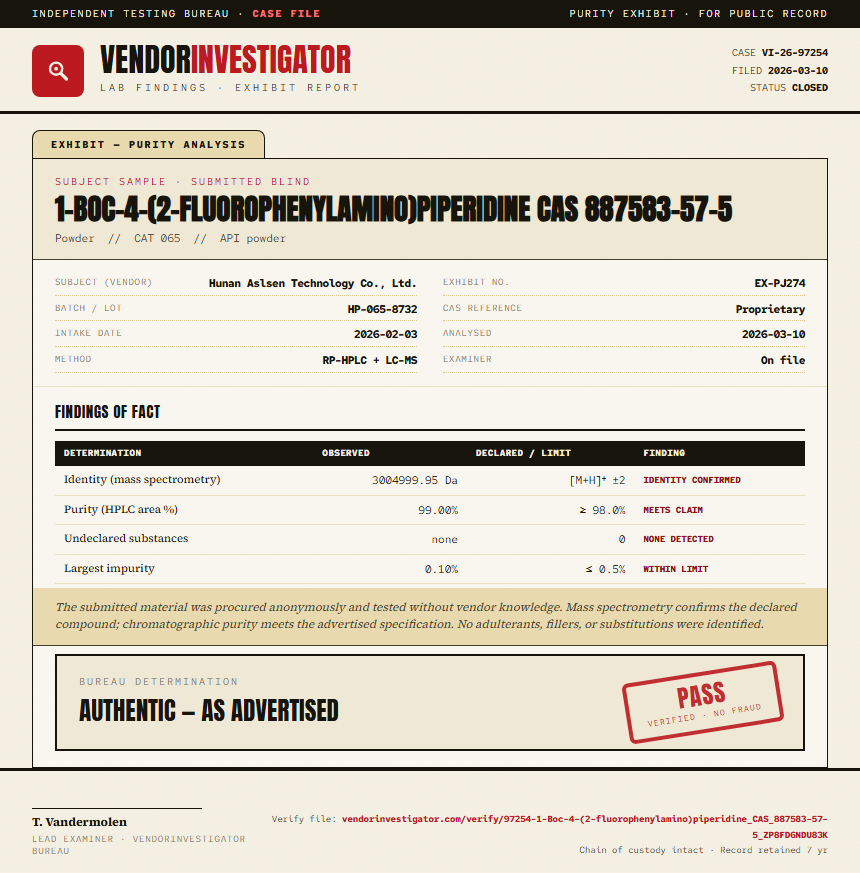 1-Boc-4-(2-fluorophenylamino)piperidine CAS 887583-57-5 Purity (HPLC) report by VendorInvestigator
