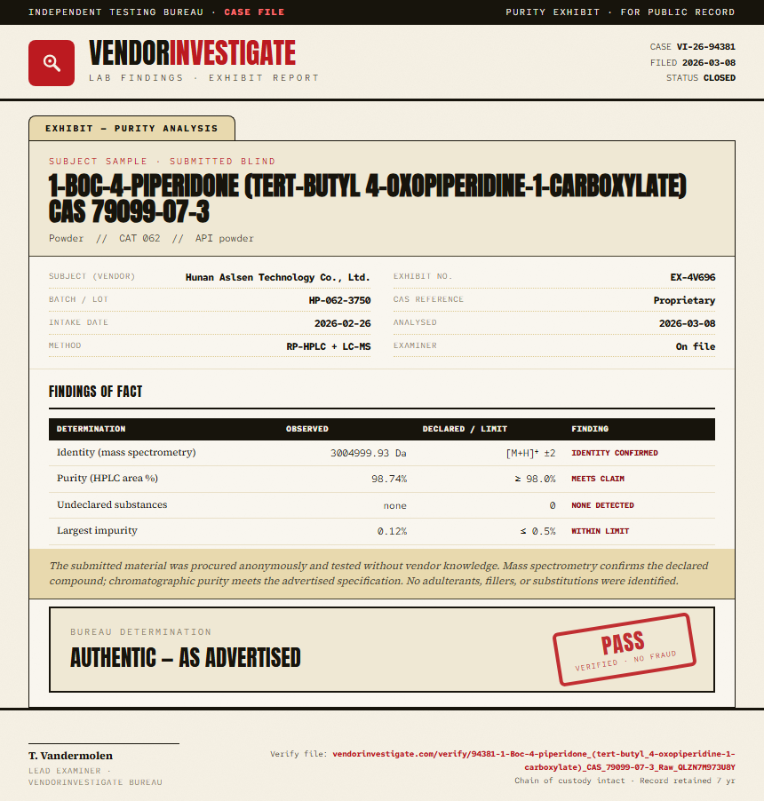 1-Boc-4-piperidone (tert-butyl 4-oxopiperidine-1-carboxylate) CAS 79099-07-3 Purity (HPLC) report by VendorInvestigator