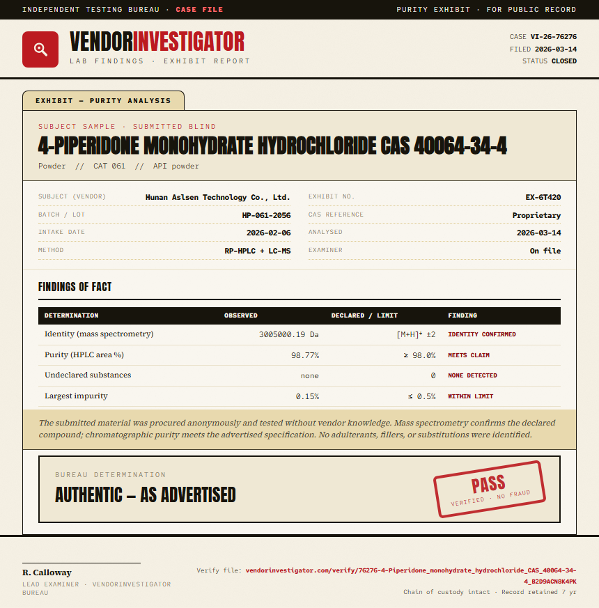4-Piperidone monohydrate hydrochloride CAS 40064-34-4 Purity (HPLC) report by VendorInvestigator