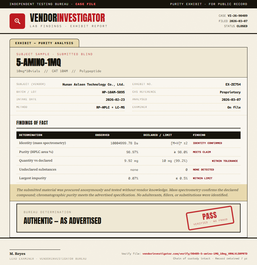 5-amino-1MQ Purity (HPLC) report by VendorInvestigator