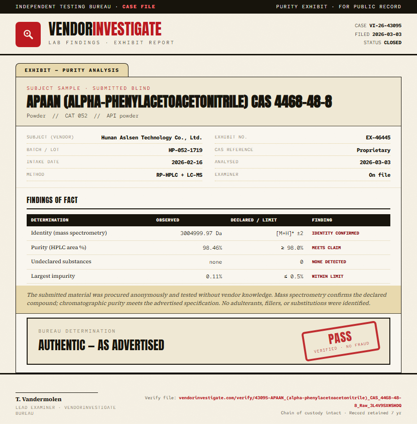 APAAN (alpha-phenylacetoacetonitrile) CAS 4468-48-8 Purity (HPLC) report by VendorInvestigator
