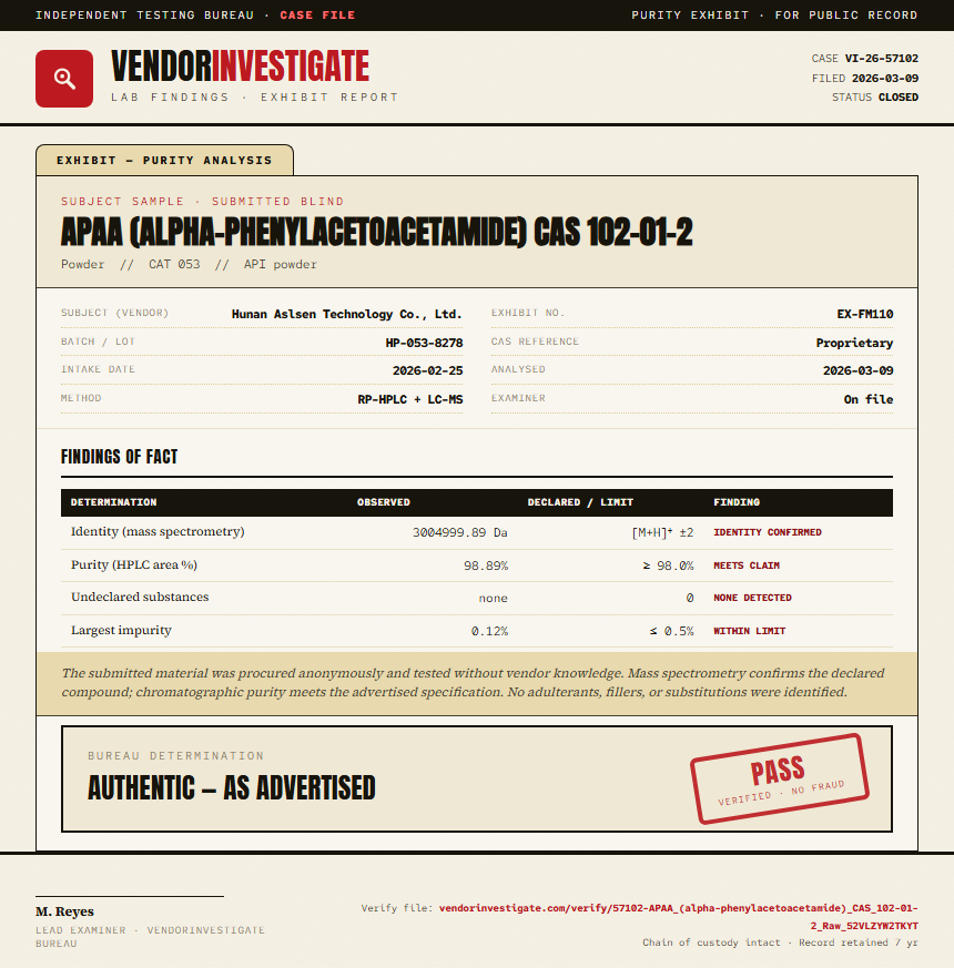 APAA (alpha-phenylacetoacetamide) CAS 102-01-2 Purity (HPLC) report by VendorInvestigator