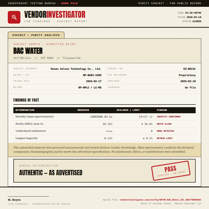 BAC Water Purity (HPLC) report by VendorInvestigator