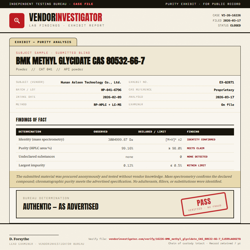 BMK methyl glycidate CAS 80532-66-7 Purity (HPLC) report by VendorInvestigator