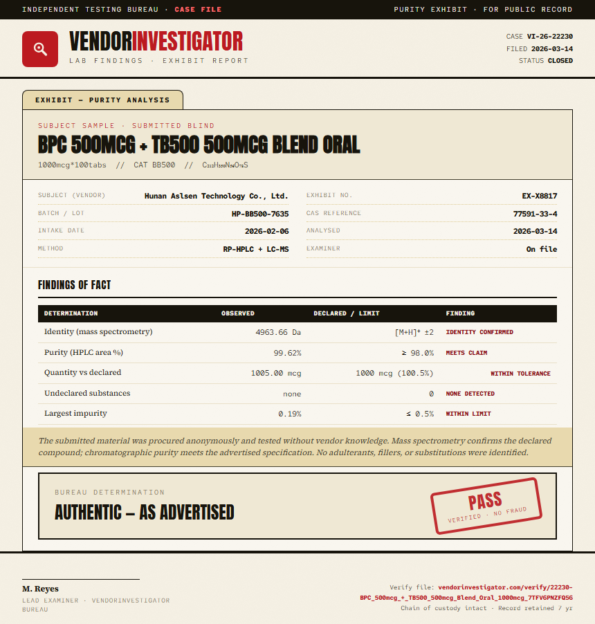 BPC 500mcg + TB500 500mcg Blend Oral Purity (HPLC) report by VendorInvestigator