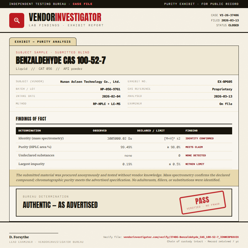 Benzaldehyde CAS 100-52-7 Purity (HPLC) report by VendorInvestigator