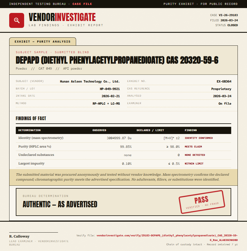 DEPAPD (diethyl phenylacetylpropanedioate) CAS 20320-59-6 Purity (HPLC) report by VendorInvestigator