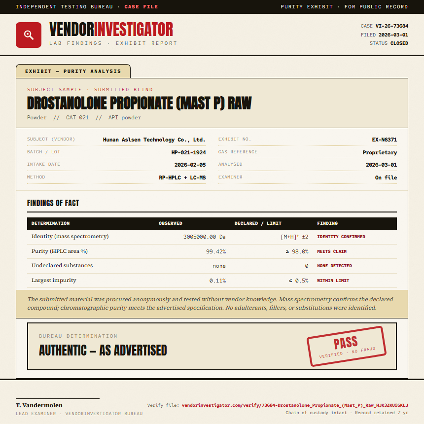 Drostanolone Propionate (Mast P) Raw Purity (HPLC) report by VendorInvestigator