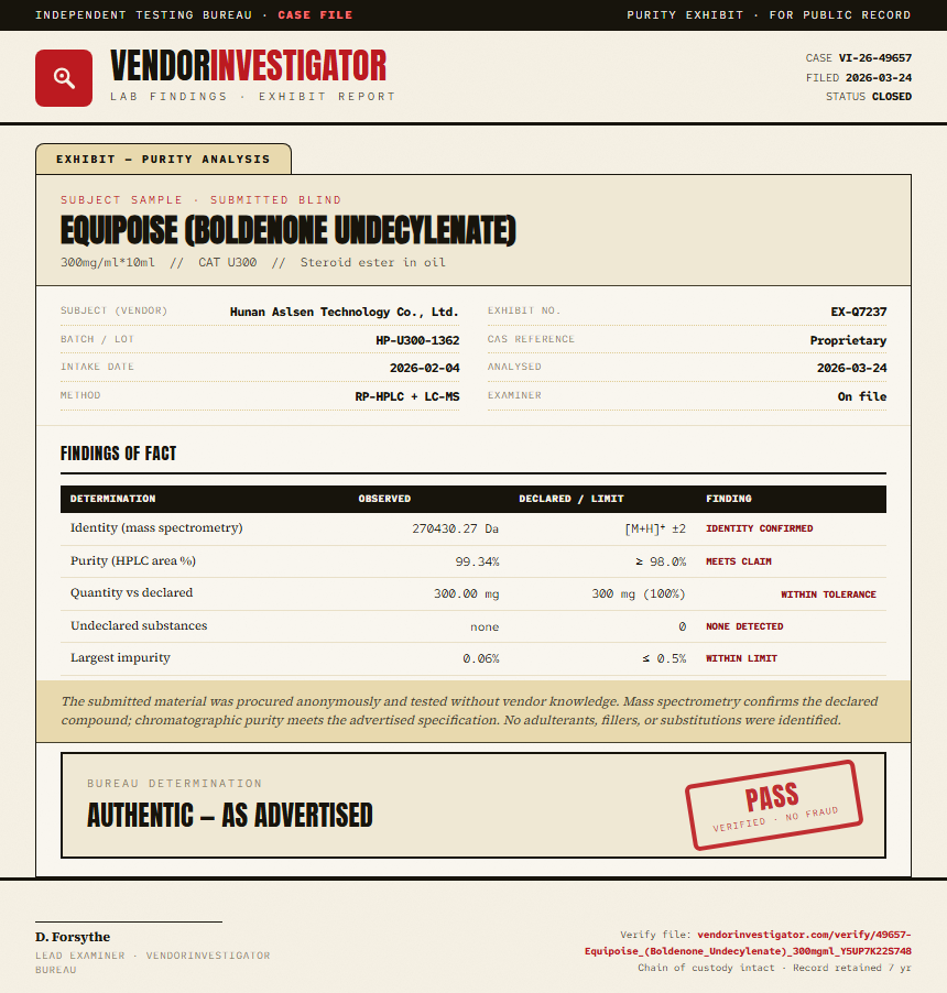 Equipoise (Boldenone Undecylenate) Purity (HPLC) report by VendorInvestigator