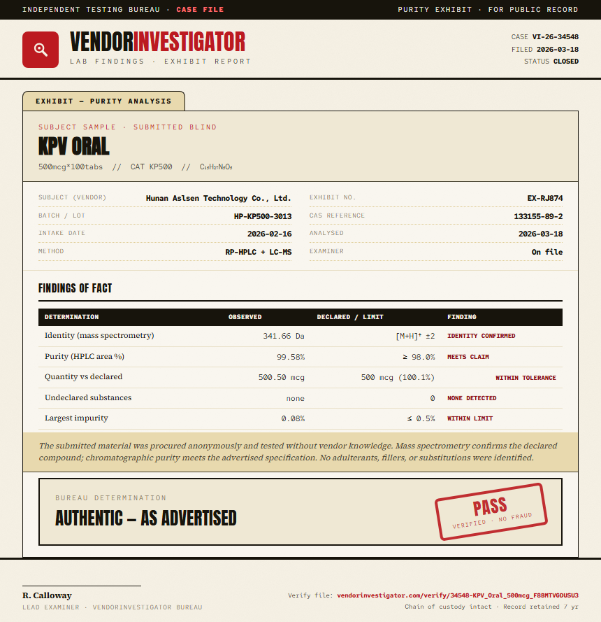 KPV Oral Purity (HPLC) report by VendorInvestigator
