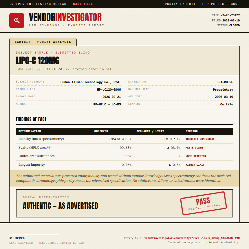 Lipo-C 120mg Purity (HPLC) report by VendorInvestigator
