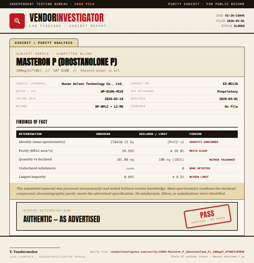 Masteron P (Drostanolone P) Purity (HPLC) report by VendorInvestigator