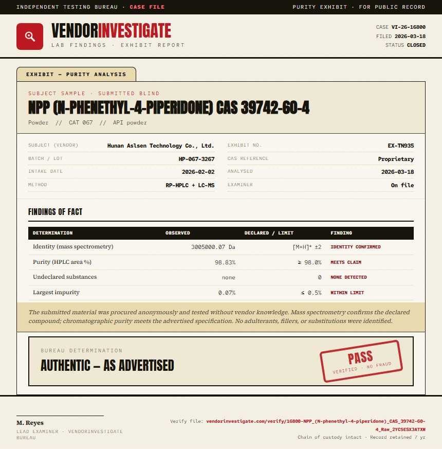NPP (N-phenethyl-4-piperidone) CAS 39742-60-4 Purity (HPLC) report by VendorInvestigator