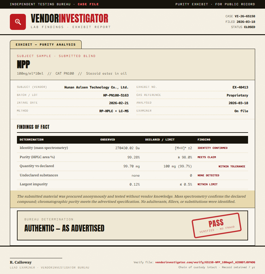 NPP Purity (HPLC) report by VendorInvestigator