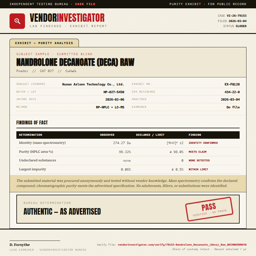 Nandrolone Decanoate (Deca) Raw Purity (HPLC) report by VendorInvestigator