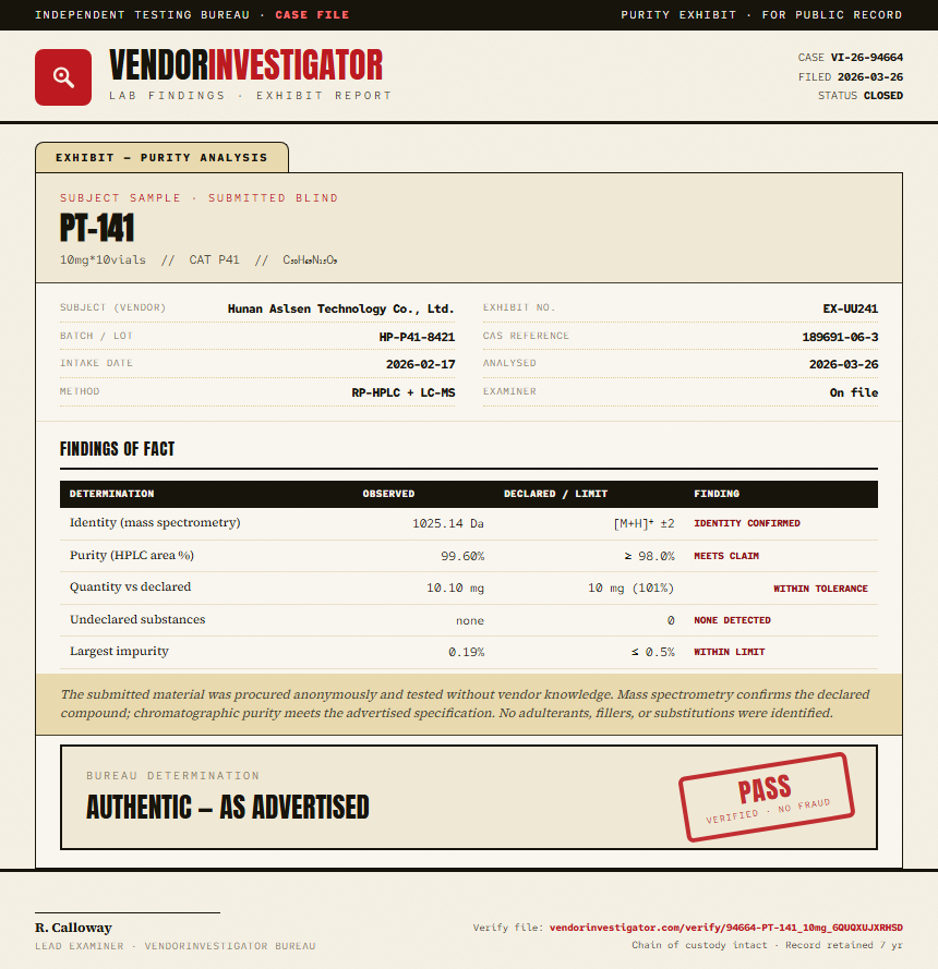 PT-141 Purity (HPLC) report by VendorInvestigator