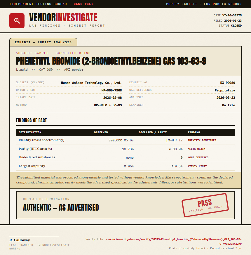 Phenethyl bromide (2-bromoethylbenzene) CAS 103-63-9 Purity (HPLC) report by VendorInvestigator