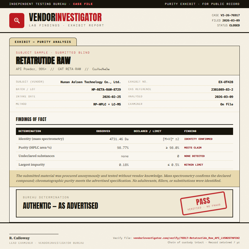 Retatrutide Raw Purity (HPLC) report by VendorInvestigator