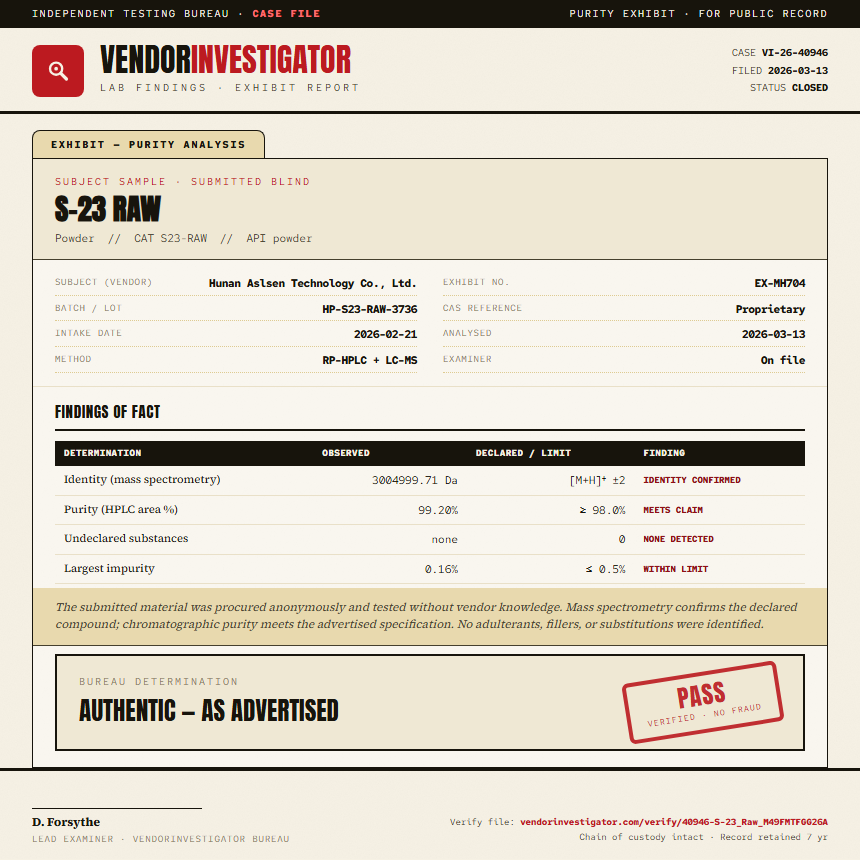 S-23 Raw Purity (HPLC) report by VendorInvestigator