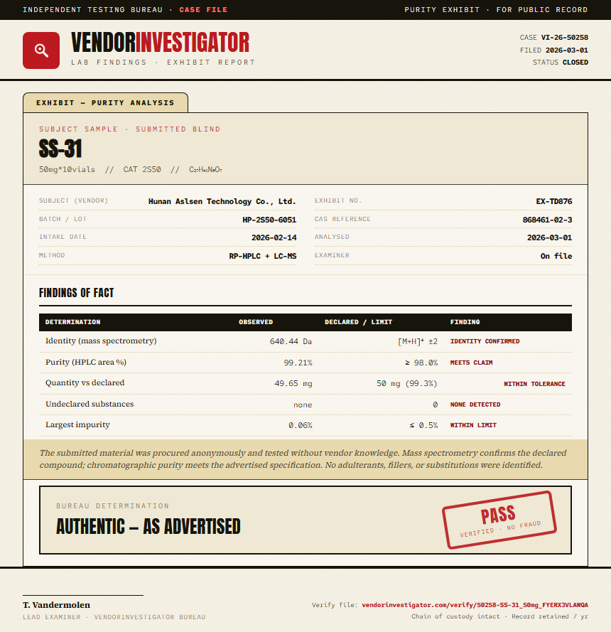 SS-31 Purity (HPLC) report by VendorInvestigator